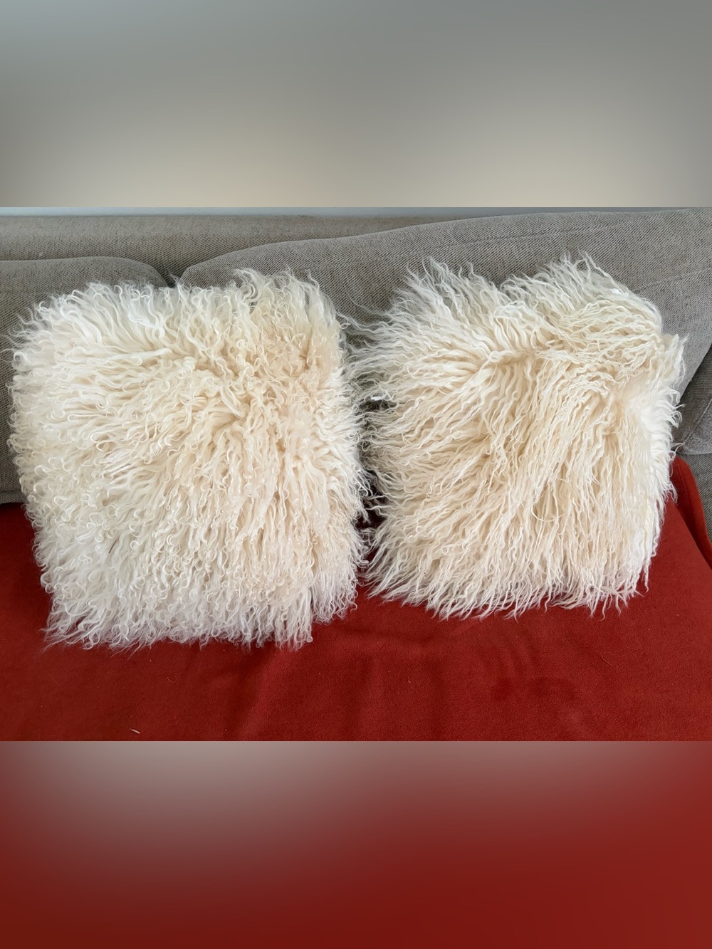 2 Pier 1 Mongolian Fur Throw Pillows ivory with inserts